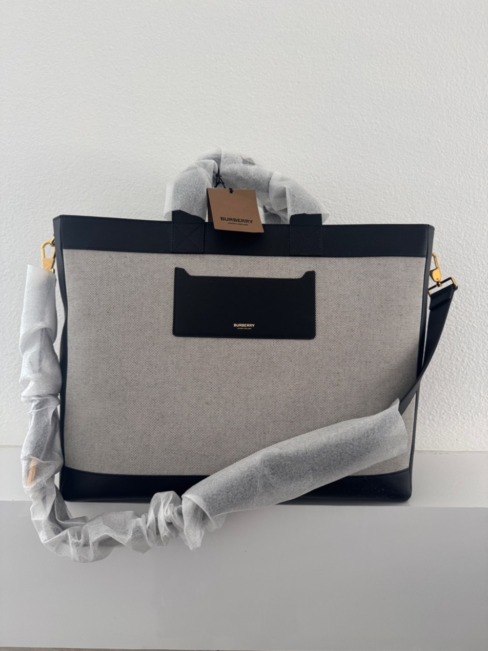 Burberry Cream Canvas and Black Leather Briefcase